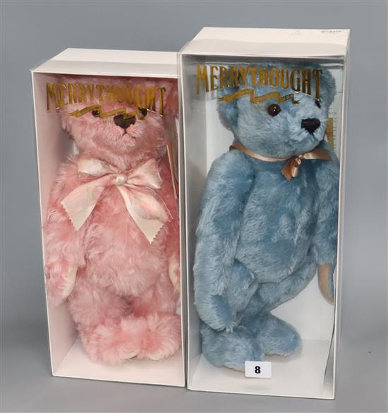 A Merrythought Tea for Two pink with growler bear, boxed and a Merrythought Tuppenny Blue with growler,